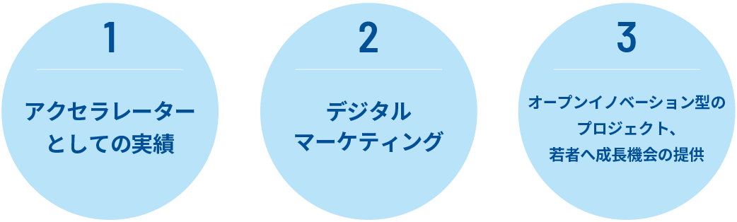 アクセラレーター事業（ベンチャー・スタートアップ支援、企業の新規事業支援）,マーケティングアクセラレーター事業（デジタルマーケティングの成果向上）、働き方改革・生産性向上コンサルティング事業（インサイドセールス、RPAなど）