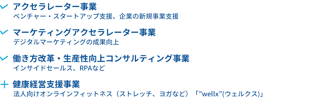 アクセラレーター事業（ベンチャー・スタートアップ支援、企業の新規事業支援）,マーケティングアクセラレーター事業（デジタルマーケティングの成果向上）、働き方改革・生産性向上コンサルティング事業（インサイドセールス、RPAなど）、健康経営支援事業　法人向けオンラインフィットネス（ストレッチ、ヨガなど）「“wellx”(ウェルクス)」